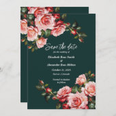 Dark moody pink and red roses green wedding save the date (Voorkant / Achterkant)