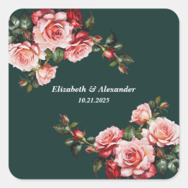 Dark moody pink and red roses green wedding vierkante sticker