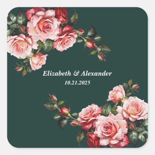 Dark moody pink and red roses green wedding vierkante sticker (Voorkant)