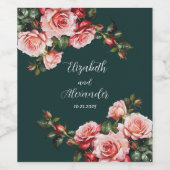 Dark moody pink and red roses green wedding wijn etiket (Enkel label)