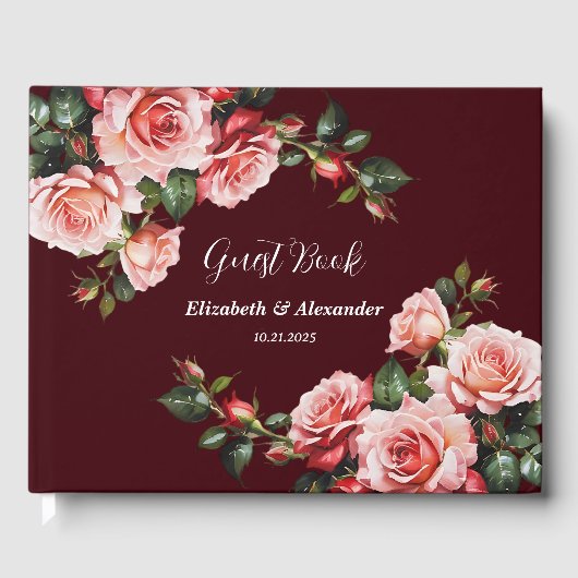 Dark moody pink and red roses maroon  wedding gastenboek (Voorkant)