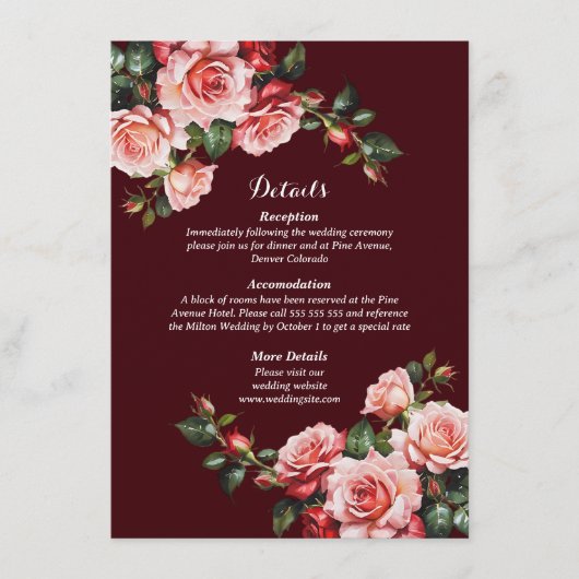 Dark moody pink and red roses maroon wedding informatiekaartje (Voorkant)