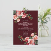 Dark moody pink and red roses maroon wedding informatiekaartje (Staand voorkant)