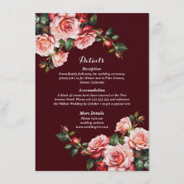 Dark moody pink and red roses maroon wedding informatiekaartje
