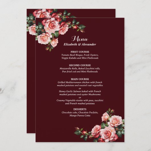 Dark moody pink and red roses maroon wedding menu (Voorkant / Achterkant)
