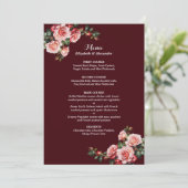 Dark moody pink and red roses maroon wedding menu (Staand voorkant)