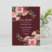 Dark moody pink and red roses maroon wedding save the date (Staand voorkant)
