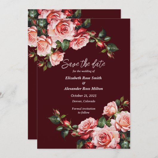 Dark moody pink and red roses maroon wedding save the date (Voorkant / Achterkant)