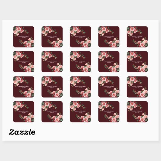 Dark moody pink and red roses maroon wedding vierkante sticker (Vel)