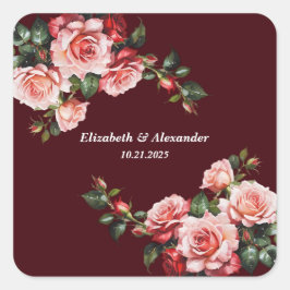 Dark moody pink and red roses maroon wedding vierkante sticker