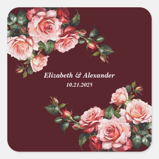 Dark moody pink and red roses maroon wedding vierkante sticker (Voorkant)