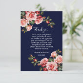 Dark moody pink and red roses navy blue wedding bedankkaart (Staand voorkant)