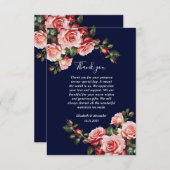 Dark moody pink and red roses navy blue wedding bedankkaart (Voorkant / Achterkant)