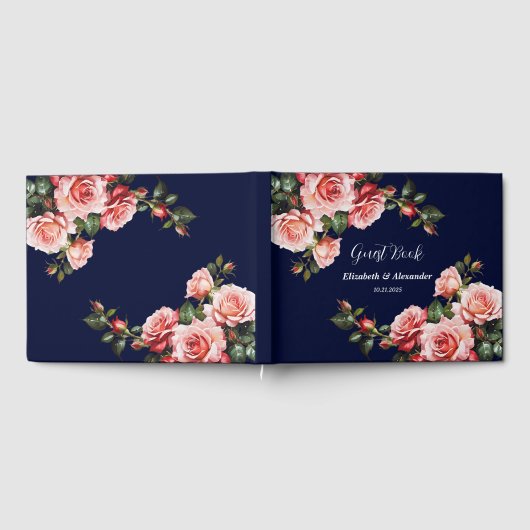 Dark moody pink and red roses navy blue wedding gastenboek (Volledig)