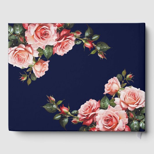 Dark moody pink and red roses navy blue wedding gastenboek (Achterkant)