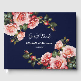 Dark moody pink and red roses navy blue wedding gastenboek