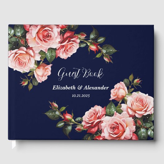 Dark moody pink and red roses navy blue wedding gastenboek (Voorkant)