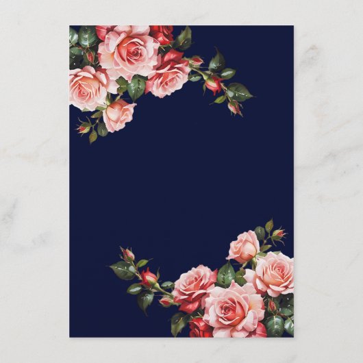 Dark moody pink and red roses navy blue wedding informatiekaartje (Achterkant)
