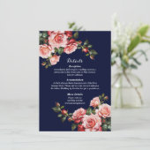 Dark moody pink and red roses navy blue wedding informatiekaartje (Staand voorkant)
