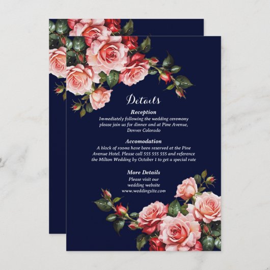 Dark moody pink and red roses navy blue wedding informatiekaartje (Voorkant / Achterkant)