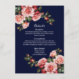 Dark moody pink and red roses navy blue wedding informatiekaartje