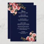 Dark moody pink and red roses navy blue wedding menu (Voorkant / Achterkant)