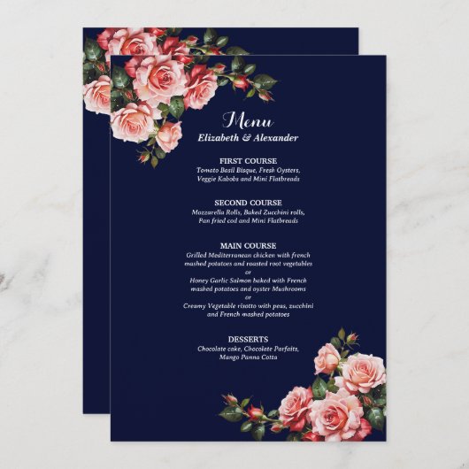 Dark moody pink and red roses navy blue wedding menu (Voorkant / Achterkant)
