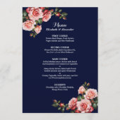 Dark moody pink and red roses navy blue wedding menu (Voorkant)