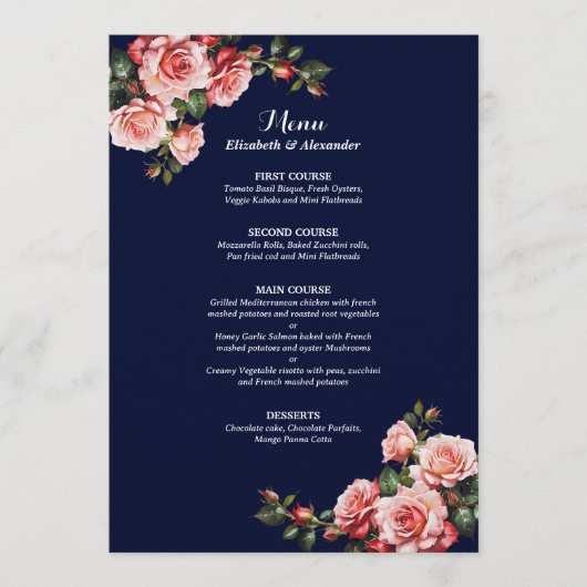 Dark moody pink and red roses navy blue wedding menu (Voorkant)
