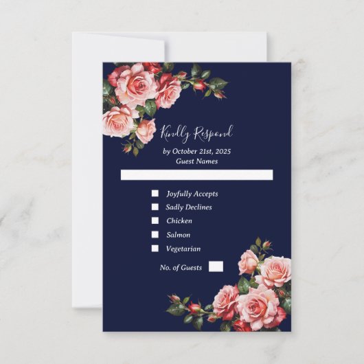 Dark moody pink and red roses navy blue wedding RSVP kaartje (Voorkant)