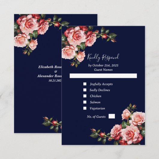 Dark moody pink and red roses navy blue wedding RSVP kaartje (Voorkant / Achterkant)