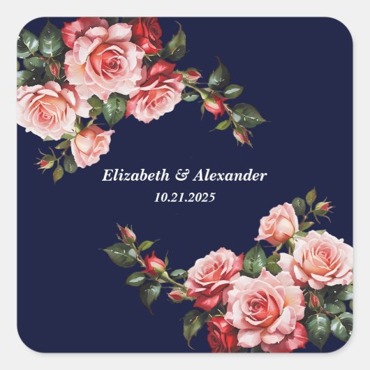 Dark moody pink and red roses navy blue wedding vierkante sticker (Voorkant)