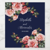 Dark moody pink and red roses navy blue  wedding  wijn etiket (Enkel label)