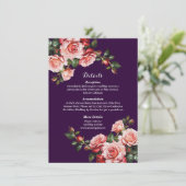 Dark moody pink and red roses purple wedding informatiekaartje (Staand voorkant)