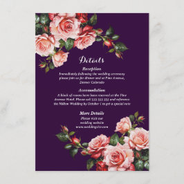 Dark moody pink and red roses purple wedding informatiekaartje