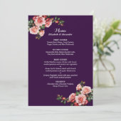 Dark moody pink and red roses purple wedding menu (Staand voorkant)