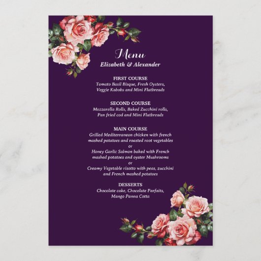 Dark moody pink and red roses purple wedding menu (Voorkant)