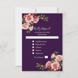 Dark moody pink and red roses purple wedding RSVP kaartje