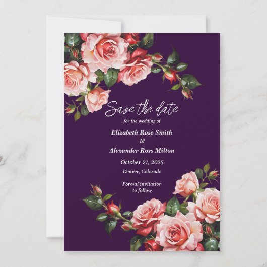 Dark moody pink and red roses purple wedding save the date (Voorkant)