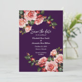 Dark moody pink and red roses purple wedding save the date (Staand voorkant)