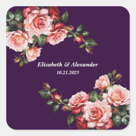 Dark moody pink and red roses purple wedding vierkante sticker