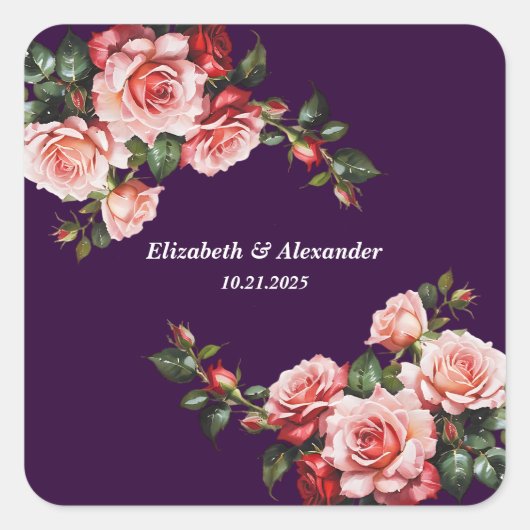 Dark moody pink and red roses purple wedding vierkante sticker (Voorkant)