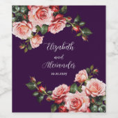Dark moody pink and red roses purple wedding  wijn etiket (Enkel label)