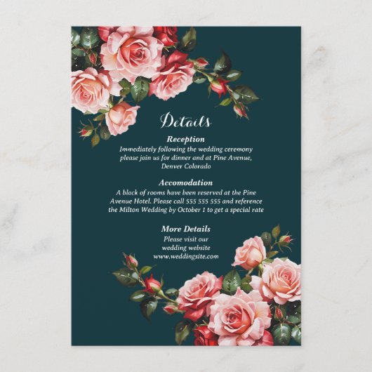 Dark moody pink and red roses teal wedding informatiekaartje (Voorkant)