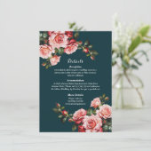 Dark moody pink and red roses teal wedding informatiekaartje (Staand voorkant)