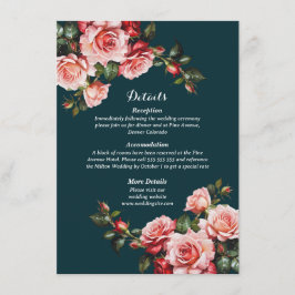 Dark moody pink and red roses teal wedding informatiekaartje