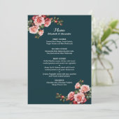 Dark moody pink and red roses teal wedding menu (Staand voorkant)