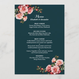 Dark moody pink and red roses teal wedding menu