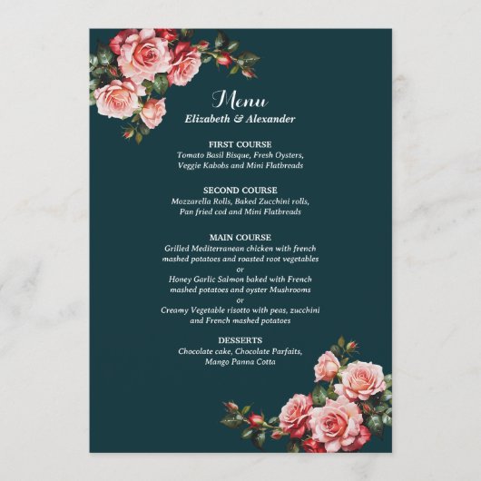 Dark moody pink and red roses teal wedding menu (Voorkant)