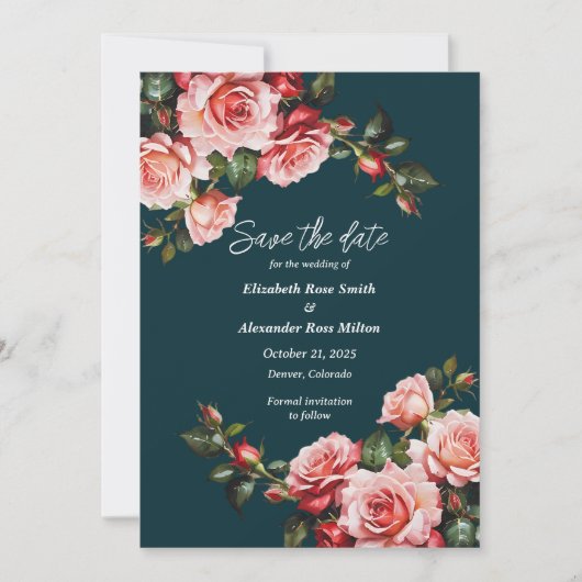 Dark moody pink and red roses teal wedding save the date (Voorkant)